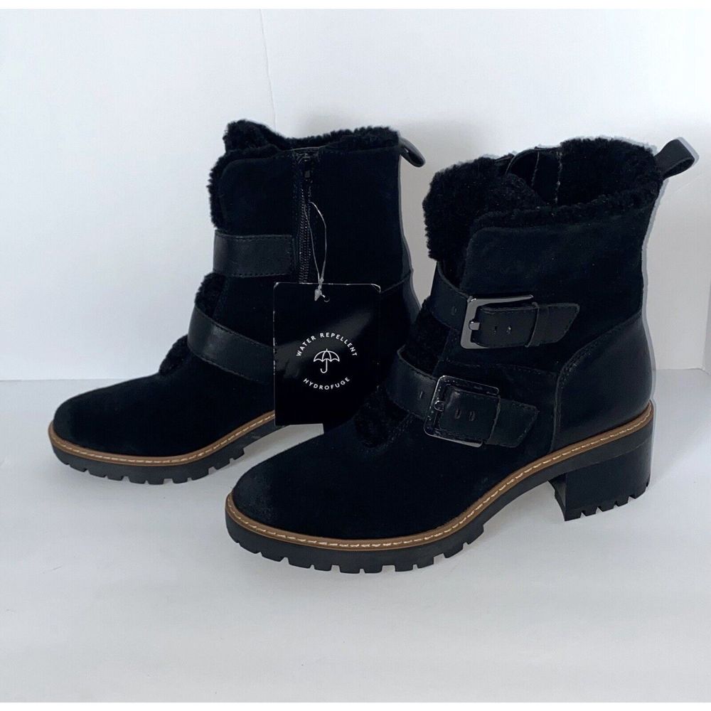 Naturalizer Women’s Tristan Boot Sz 6.5 Lug Sole Block Heel Black Moto Biker Fur